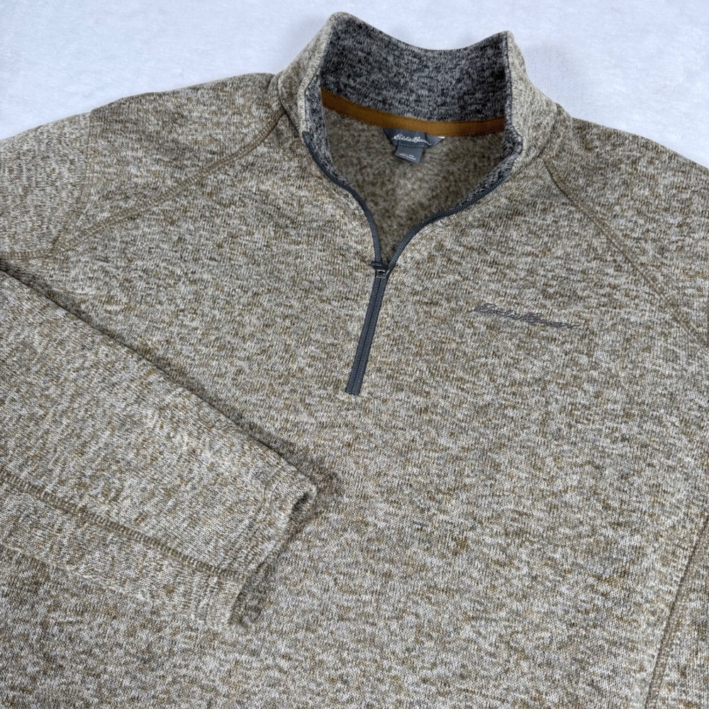 Eddie Bauer Mens XL Quarter Zip Fleece Pullover Sweater Textured Tan Brown‎